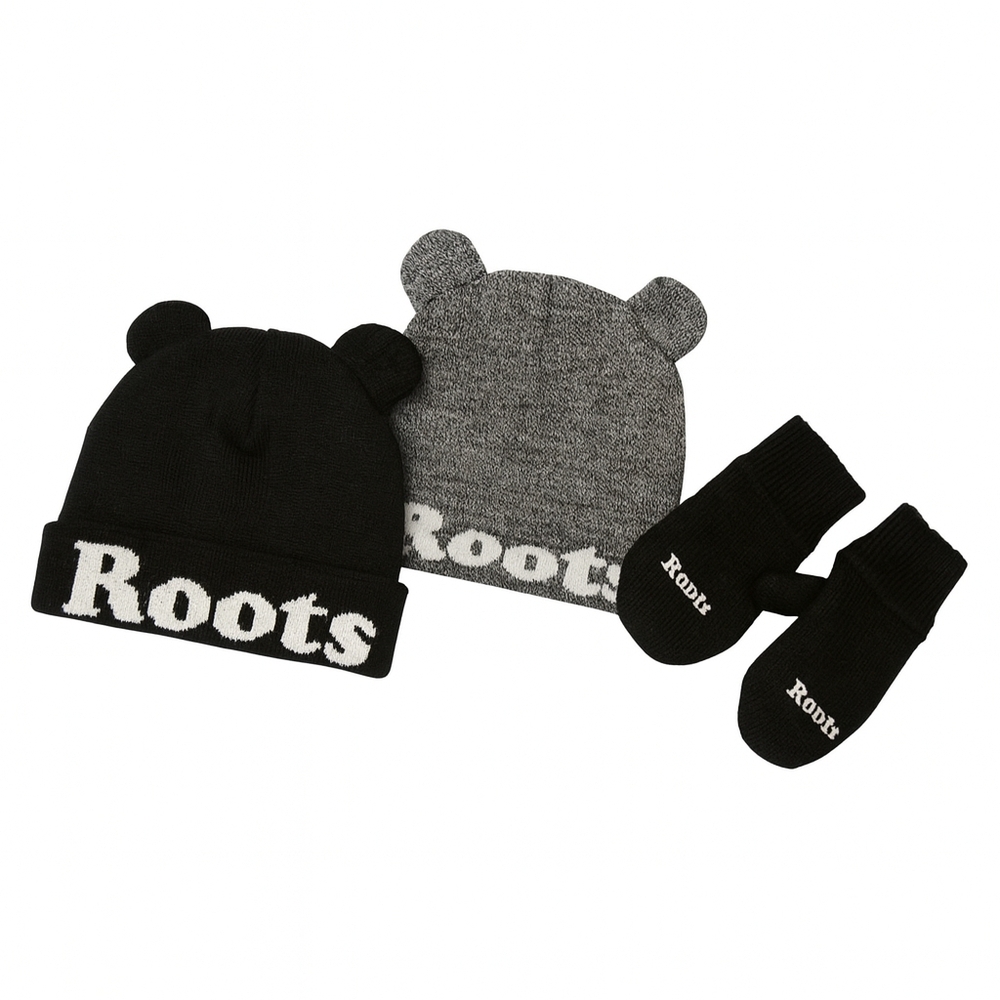 Roots Kids Black and Gray Bear Ears Hat and Mittens Set